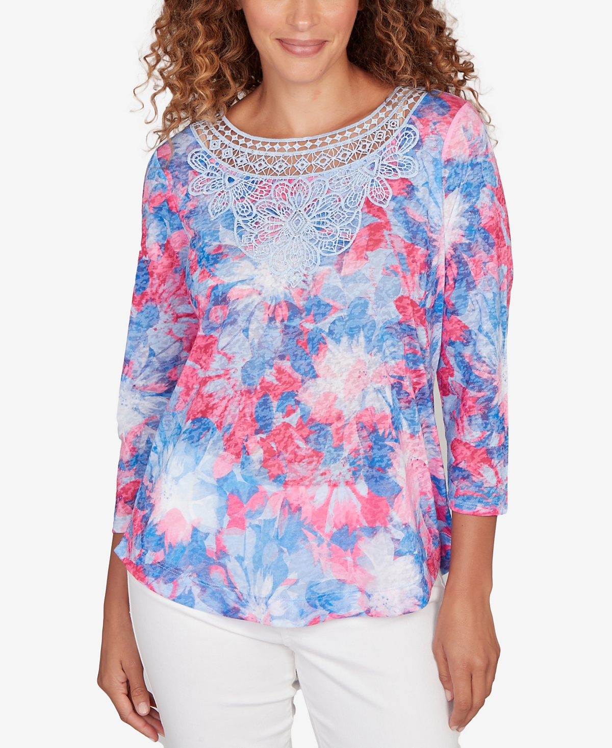Ruby Rd. Petite Embellished Floral Sublimation 3/4 Sleeve Top