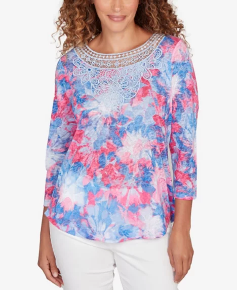 Petite Embellished Floral Sublimation 3/4 Sleeve Top - Light Blue Multi