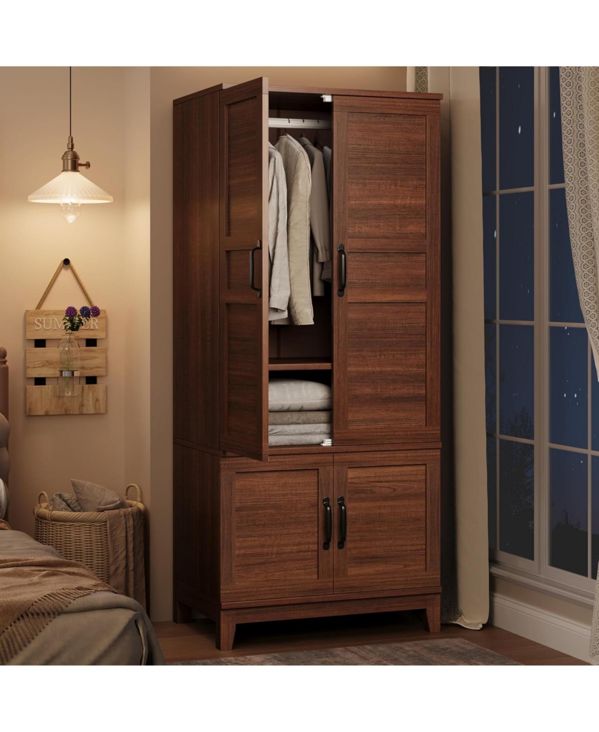 gaomon 72" Armoire Wardrobe Closet with 4 Doors, Hanging Rod & Adjustable Shelves, Freestanding Wooden Clothing Cabinet for Bedroom