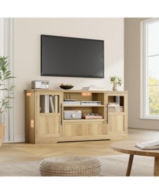 72" TV Stand, Farmhouse Entertainment Center with Wave Pattern, 2 Glass Door Cabinets & Open Storage, Media Console