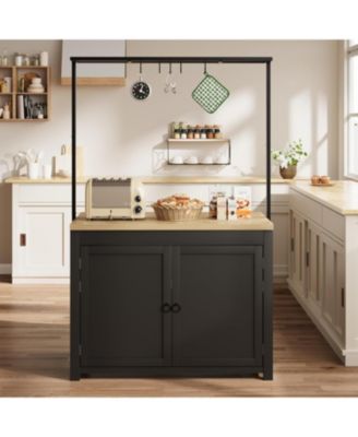 42" Kitchen Island with Storage, Heavy Duty Mobile Cart, Solid Wood Countertop, 2-Tier Shelves & 5 Hooks, for Small Spaces