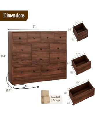 12 Drawer Dresser with Power Outlet, 61 Inch Wide Wood Chest of Drawers