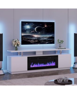 80" TV Stand with 36" Electric Fireplace, 12 Flame Colors, Glass Shelves, Storage Cabinets, White Finish