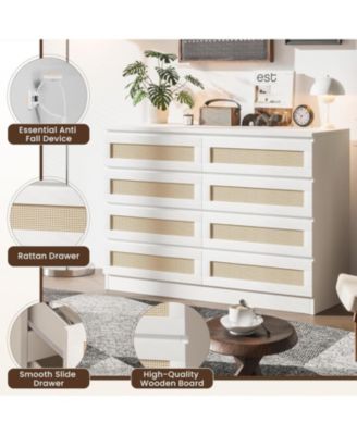  8 Drawer Natural Dresser for Bedroom, Modern Farmhouse Chest with Slim Wood Frame, Space-Saving TV Stand