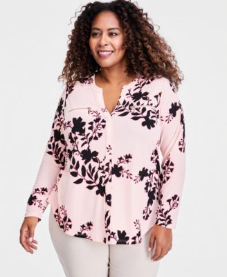 Plus Size Zip-Pocket V-Neck Long-Sleeve Top