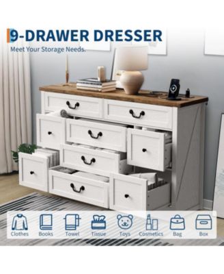 9 Farmhouse Dresser with Charging Station & Metal Handle, Wooden Tv Stand with Dressers, 9 Drawer Dressers for Bedroom Living Room Enterway