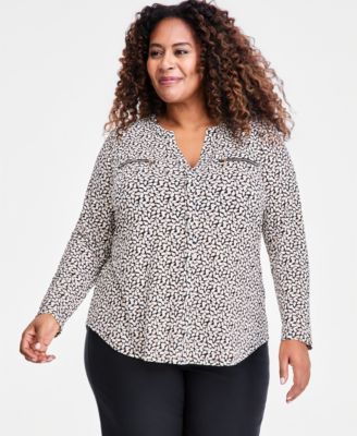 Plus Size Zip-Pocket V-Neck Long-Sleeve Top