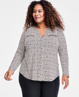 JM Collection Plus Size Zip-Pocket V-Neck Long-Sleeve Top, Macy's