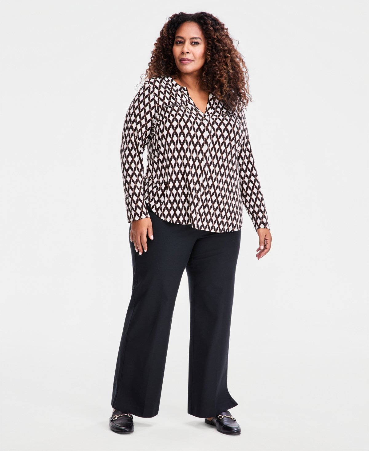 Jm Collection Plus Zip-Pocket V-Neck Long-Sleeve Top, Macy's Exclusive