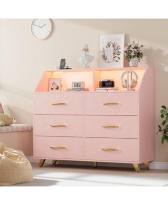 47" Pink Dresser with 6 Drawers, Lighted Modern Chest Cabinet with Storage Shelf and 5 Metal Legs for Bedroom or Living Room