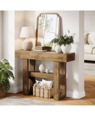 41.34-Inch Farmhouse Console Table, 2-Tier Narrow Sofa Table Behind The Couch,Light Brown