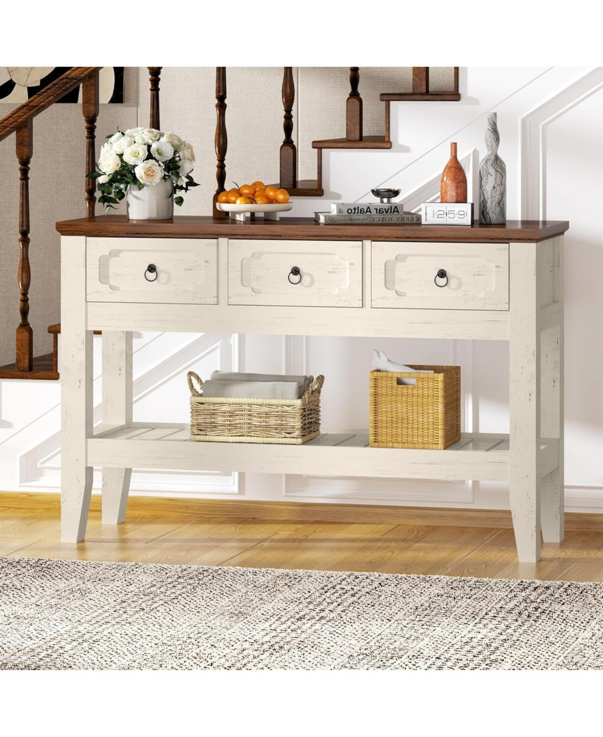 gaomon 47" Farmhouse Console Table for Entryway, Narrow Rustic Entryway Table with 3 Drawer and Large Storage Shelf, Easy Assembly Furniture