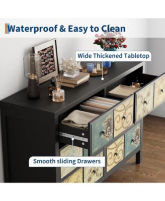 6 Drawers Dresser for Bedroom Wood Rustic Chest of Drawers Retro Floral Pattern Drawer