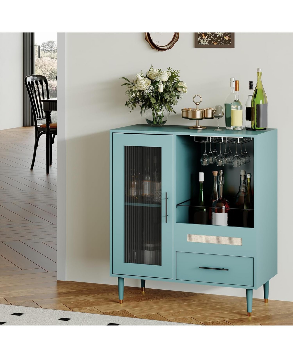 gaomon Modern Wine Bar Cabinet with Wine Glass Rack, Glass Door Display and Drawers, Coffee Bar & Liquor Cabinet with Storage, Buffet Sideboard Table
