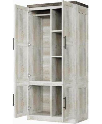 Rustic White Large Wardrobe Closet with Hanging Rod and 2 Doors