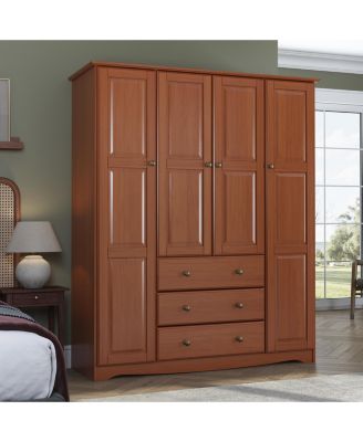 100% Solid Wood Family 4-Door Wardrobe with Raised Panel Doors and Metal Knobs