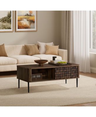 Dark Oak with Basket Weave Design Manufactured Wood 1-Sliding Door Coffee Table