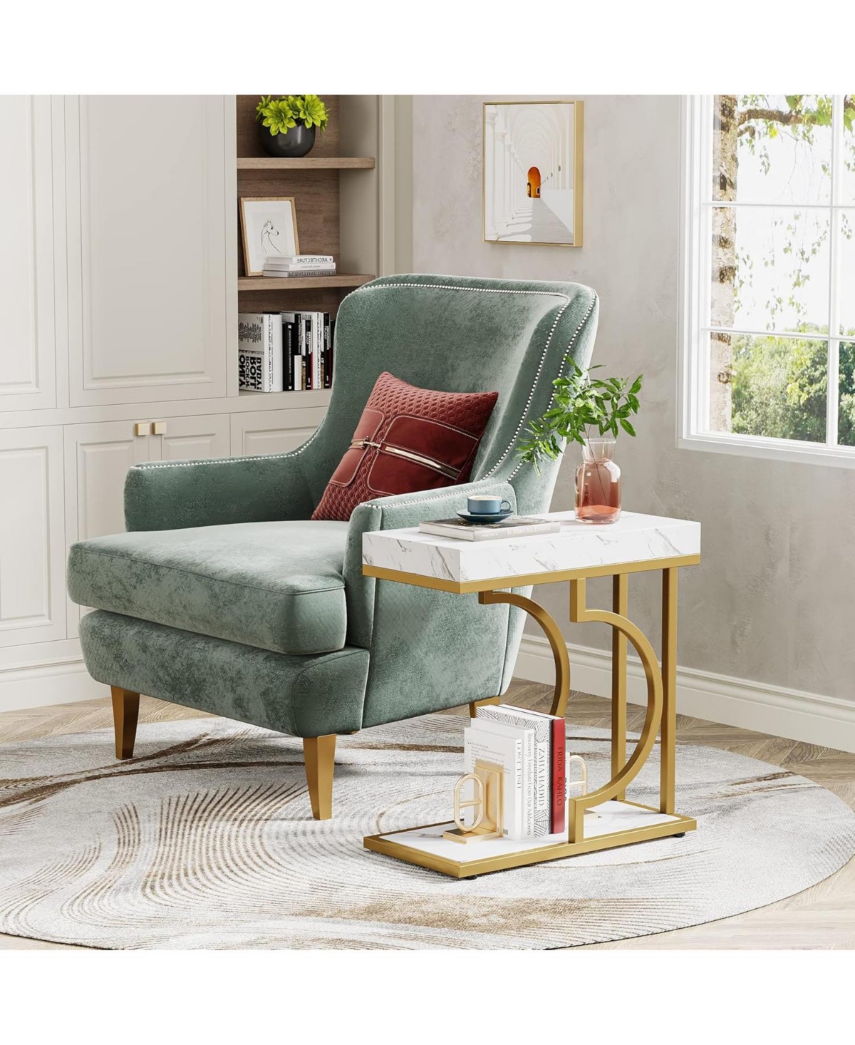 Tribesigns Narrow Side Table White Gold C Shaped End Table Modern Bedside Tables Small Chairside Table for Couch