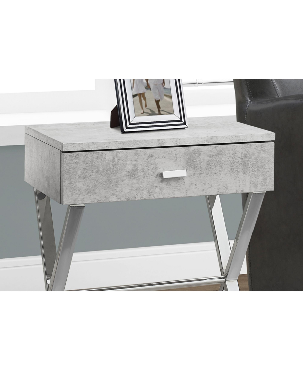 Lovmor Accent Table, Side, End, Nightstand, Lamp, Storage Drawer, Living Room, Bedroom, Grey Laminate, Chrome Metal, Contemporary