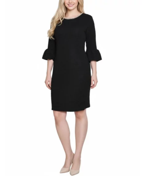 Petite 3/4 Length Pearl Detail Dress - Black