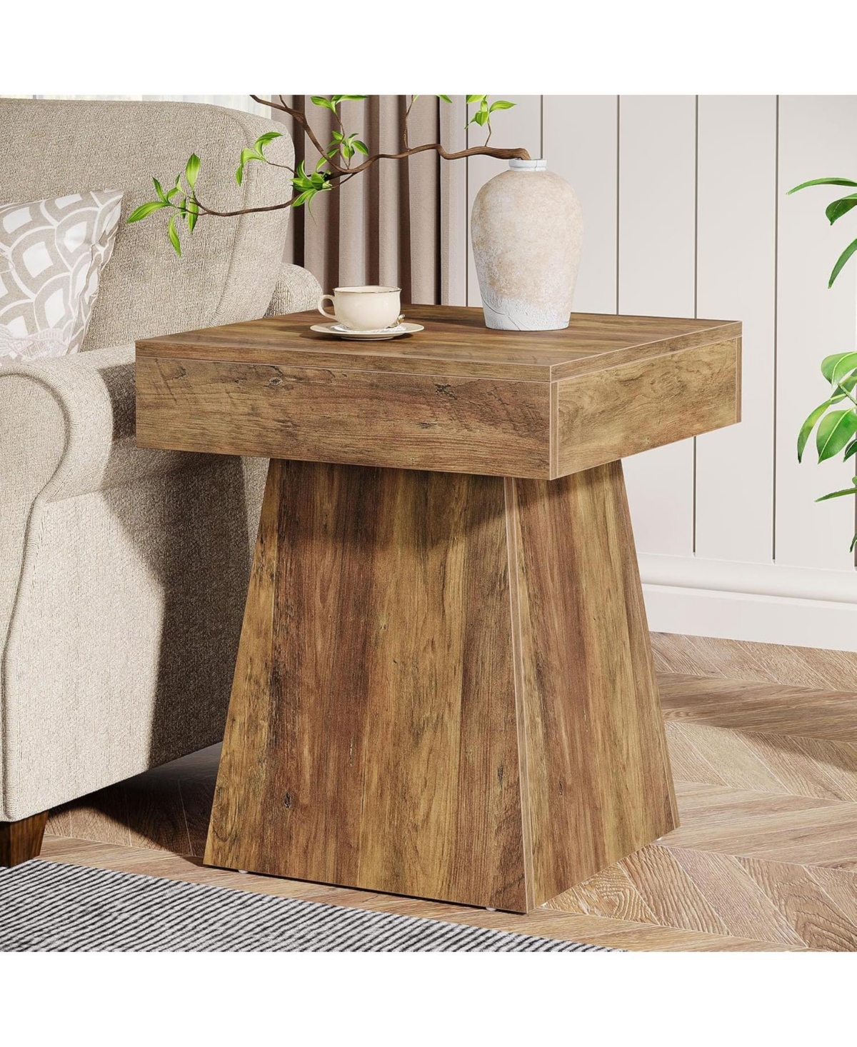 Tribesigns Small End Table, Rustic Square Side Table with Wide Base, Farmhouse Small Nightstand Beside Bed, Next to Armchair, for Living Room, Brown