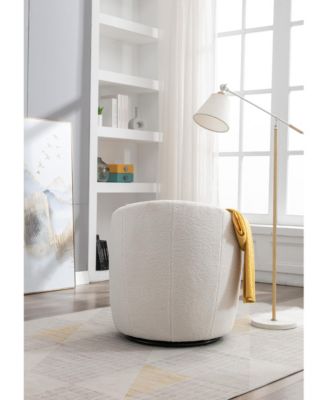 Ivory Teddy Fabric Swivel Accent Armchair With Black Powder Coating Metal Ring