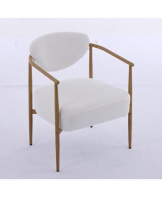 White teddy velvet dining chair with metal frame and wood grain finish