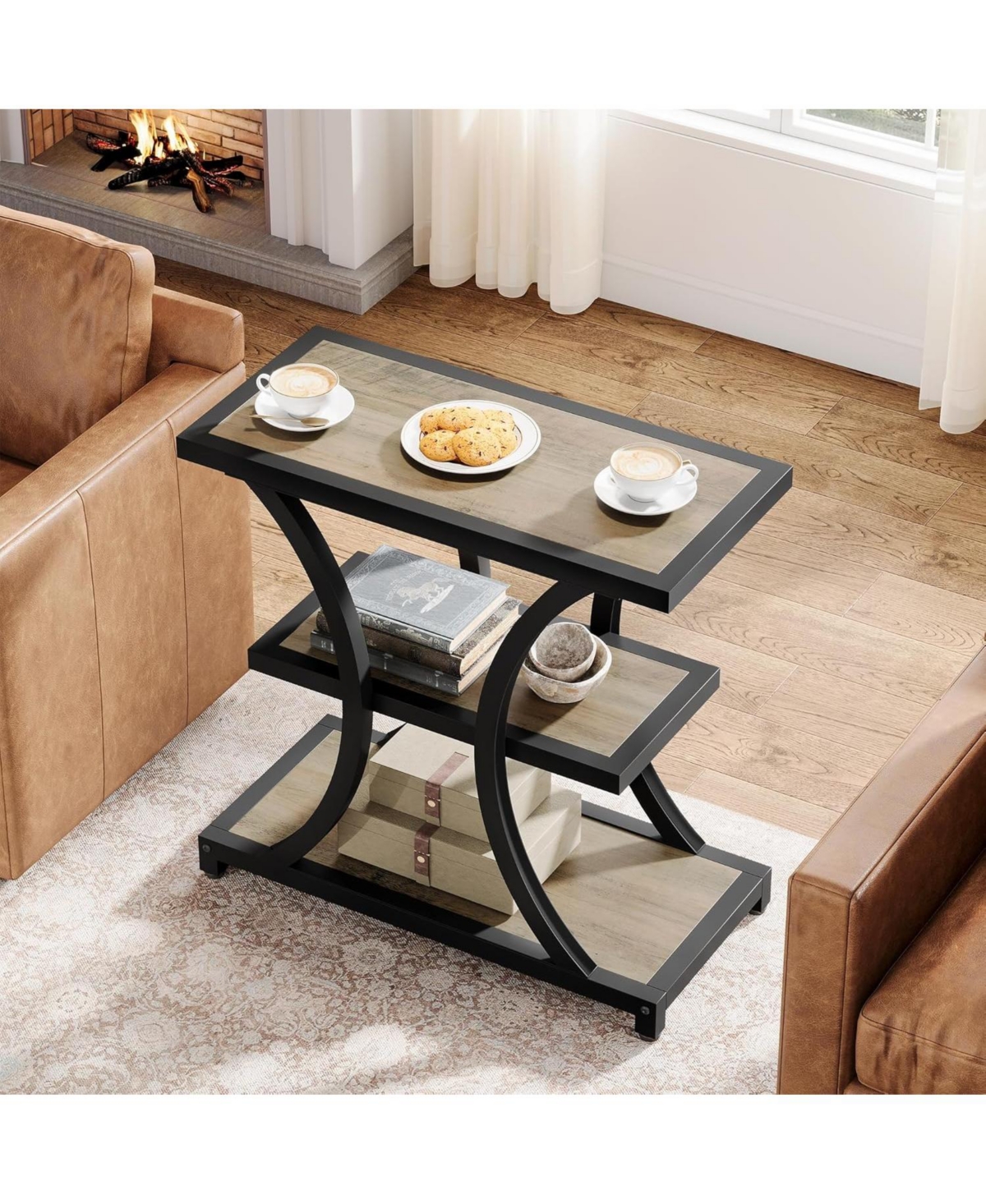 Tribesigns End Table with Storage Set of 2, 3-Tier Side Geometric Metal Design, Industrial Nightstand