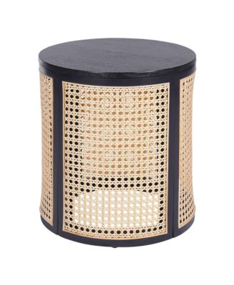 15.70" Round End Table, Hollow Woven Side Table, Small Rubber Wood Nightstand