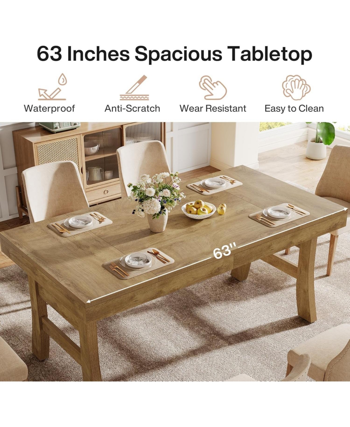 Tribesigns 63-Inch Dining Table for 4-6 People, Farmhouse Rectangular Large Kitchen Dinner Eating Table, Light Brown