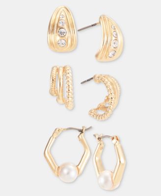 3-Pc. Set Crystal & Imitation Pearl Hoop Earrings