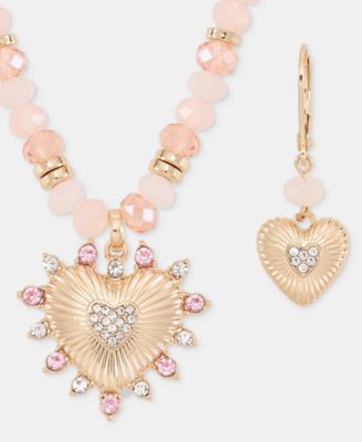 Crystal Heart Beaded Pendant Necklace & Drop Earrings Set