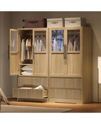 Bedroom Wooden Armoire Wardrobe Closet, Glass Doors, 2 Drawers, Shelves & Hanging Rod, Large Freestanding Wardrobe Cabinet for Clothes Storage