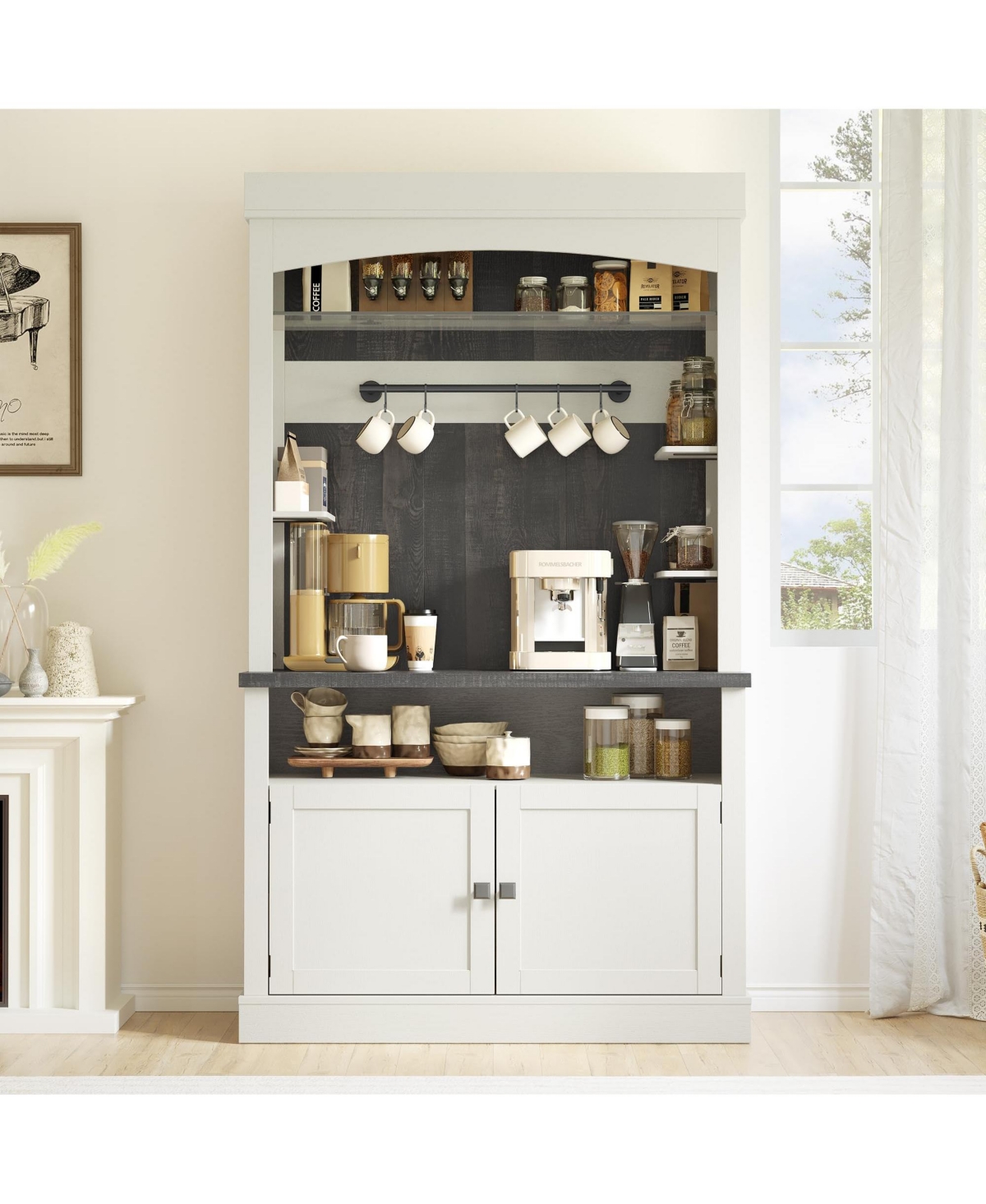 Gaomon Farmhouse Coffee Bar Cabinet with Led Lights 72" Tall Coffee Hutch Cabinet Large Buffet Cabinet Kitchen Sideboard