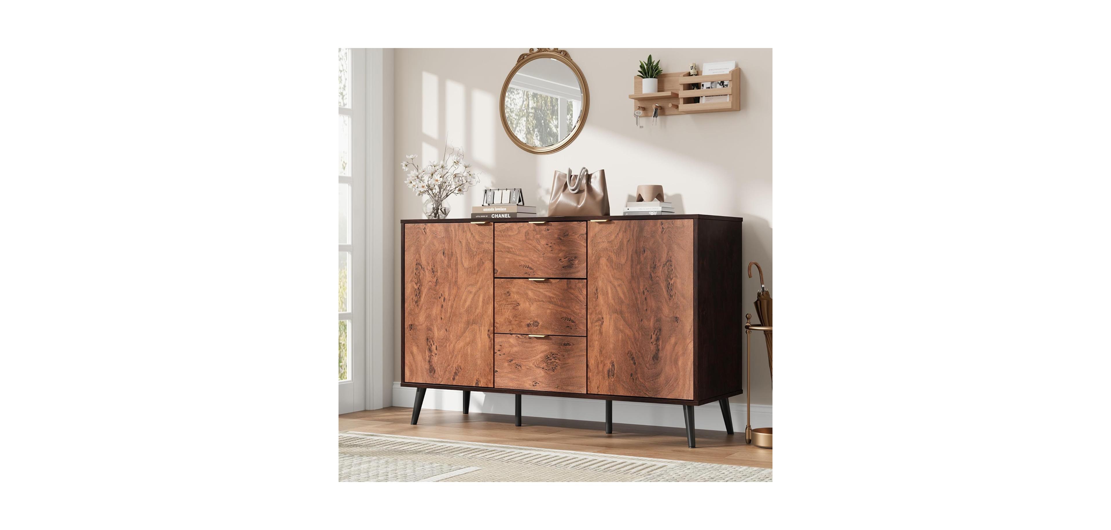 gaomon Sideboard Buffet Cabinet with 3 Drawers, Wooden Storage Cabinet with Burl Texture, Coffee Bar for Dining Room