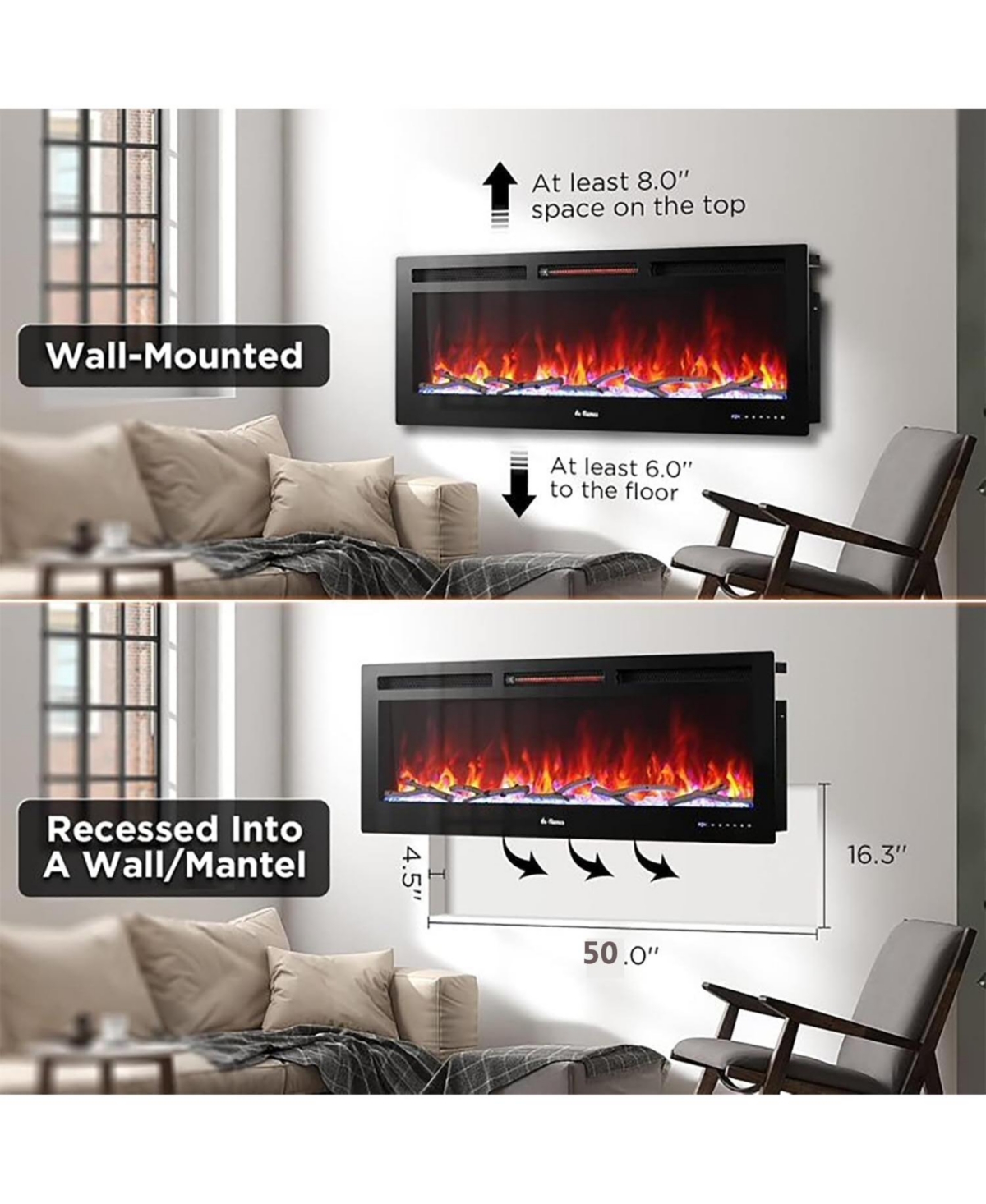 Gaomon 80" Recessed & Wall Mounted Electric Fireplace Heater, WiFi Remote, Multicolor Flame, 750-1500W for Living Room