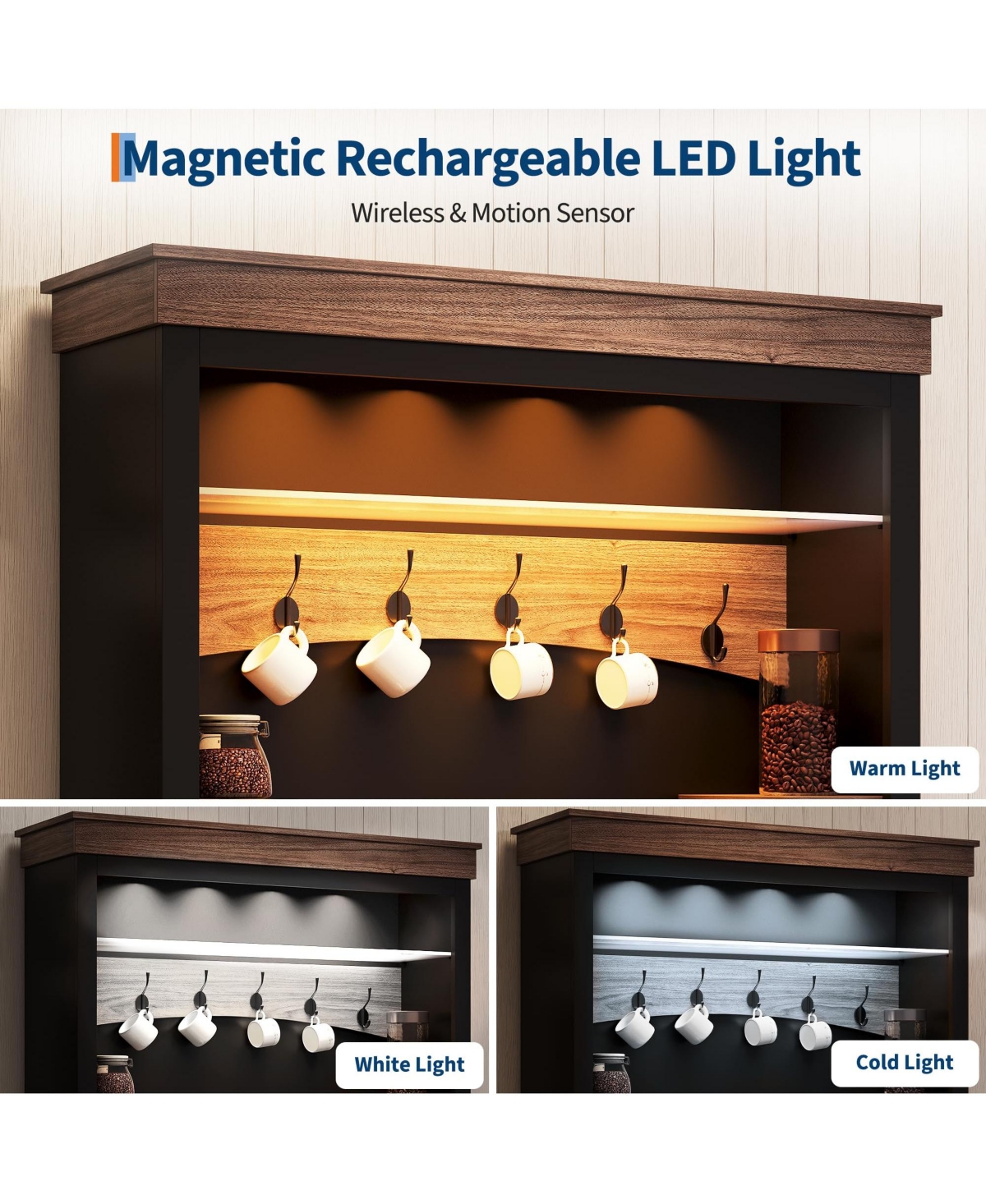 Gaomon Coffee Bar Cabinet with Led Light, 72" Tall Farmhouse Hutch Storage, Sideboard Buffet