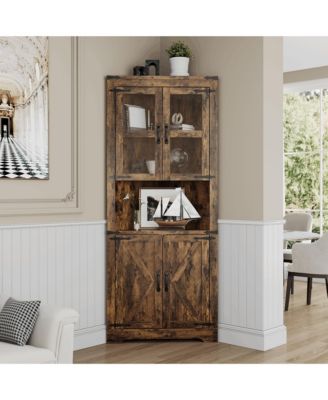 Tall Corner Cabinet, Farmhouse Corner Storage Cabinet with Glass Door & Adjustable Shelves, Space Saving Storage