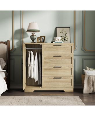 43.3'' Small Wardrobe Closet, Wardrobe Cabinet with Door, 4 Drawers and Handing Rod, Wooden Clothes Cabinet 4 Drawer Dresser