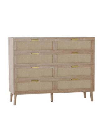 Rattan 8-Drawer Double Dresser, Modern Wood Storage Chest with Gold Handles for Bedroom, Living Room, Closet, or Entryway
