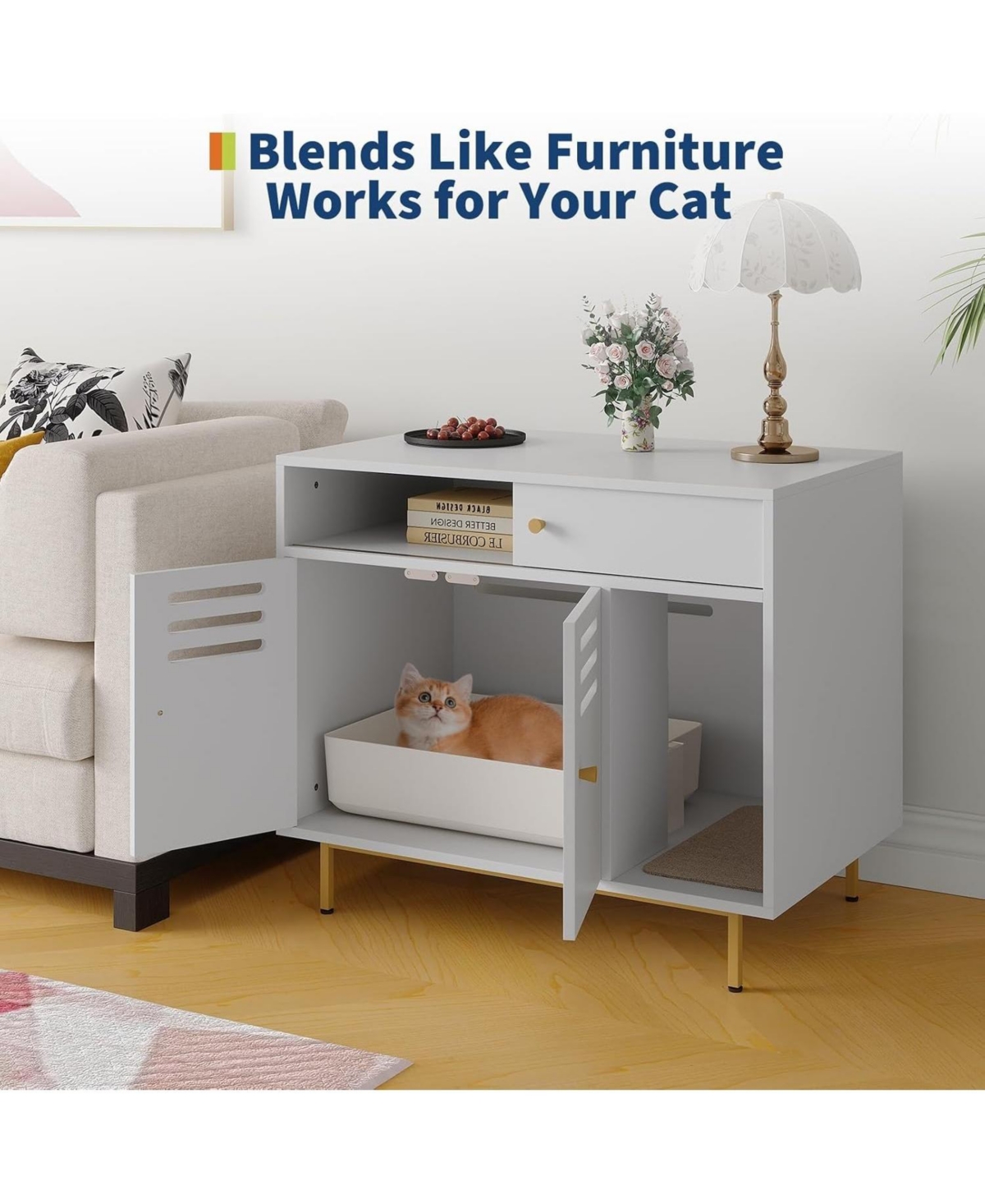 gaomon Cat Litter Box Enclosure, Hidden Litter Box Furniture with 2 Storage Compartments