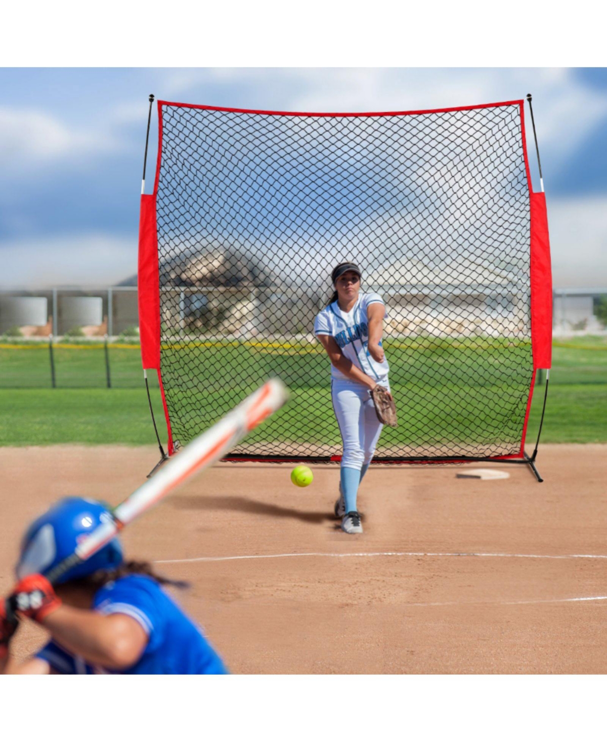 Mecale Barricade Backstop Net, 7x7 ft Sports Barrier Netting with Carry Bag, Practice Screen for Baseball, Softball, Soccer and Hockey