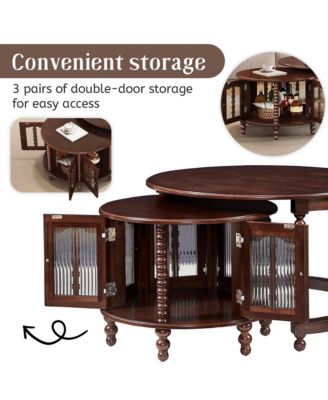 31.3" Vintage Walnut Coffee Table with Bamboo-Shaped Glass Doors, Nesting Design