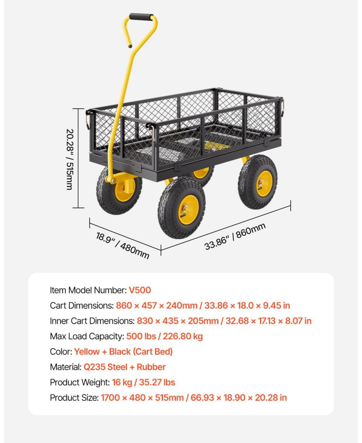 Sugfit 500 lbs Capacity Garden Cart with All-Terrain Tires & Steel Frame