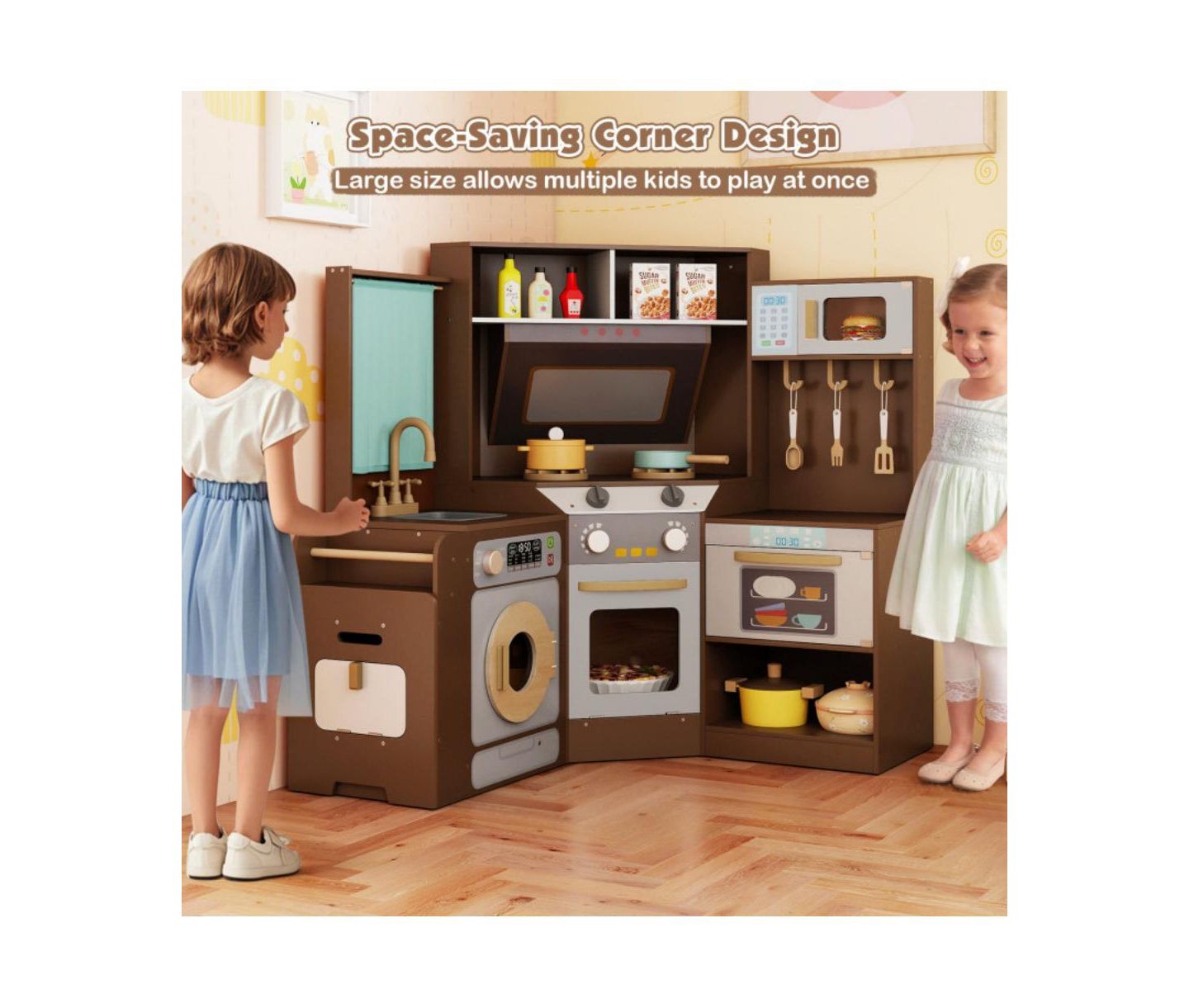 Детская игрушка HONGGE Corner Kids Play Kitchen with Lights and Sounds, Ages 3+, цвет: Коричневый — фото 6