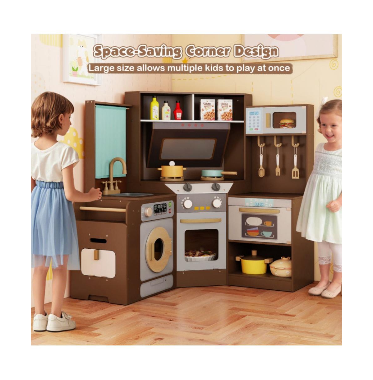 Hongge Corner Kids Play Kitchen with Lights Sounds and Pull Out Trash Bin.