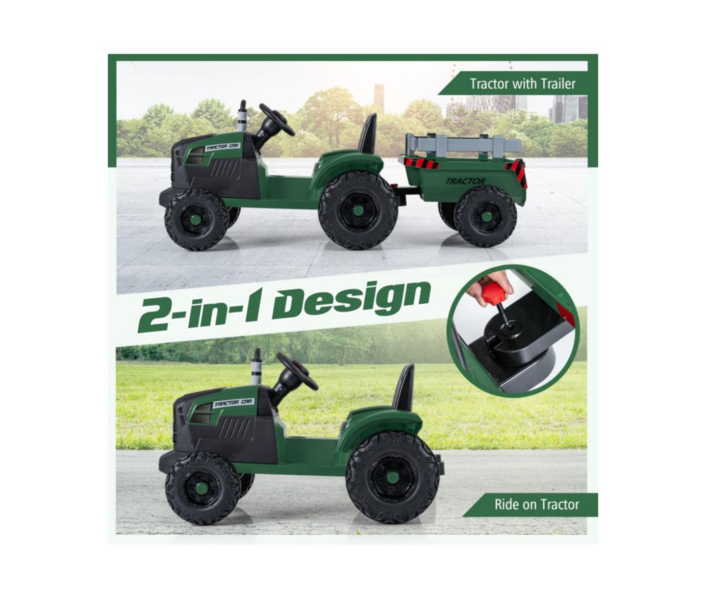 Детская игрушка HONGGE 24V Kids Ride On Tractor with Detachable Trailer, цвет: Тёмный зелёный — фото 11