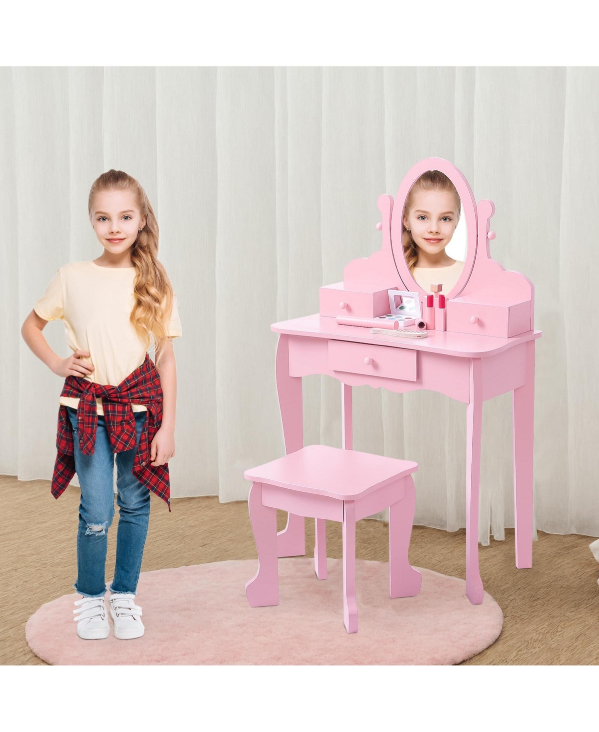Kids' Vanity Set with Adjustable Mirror, Pretend Play Table and Stool Wood Makeup
