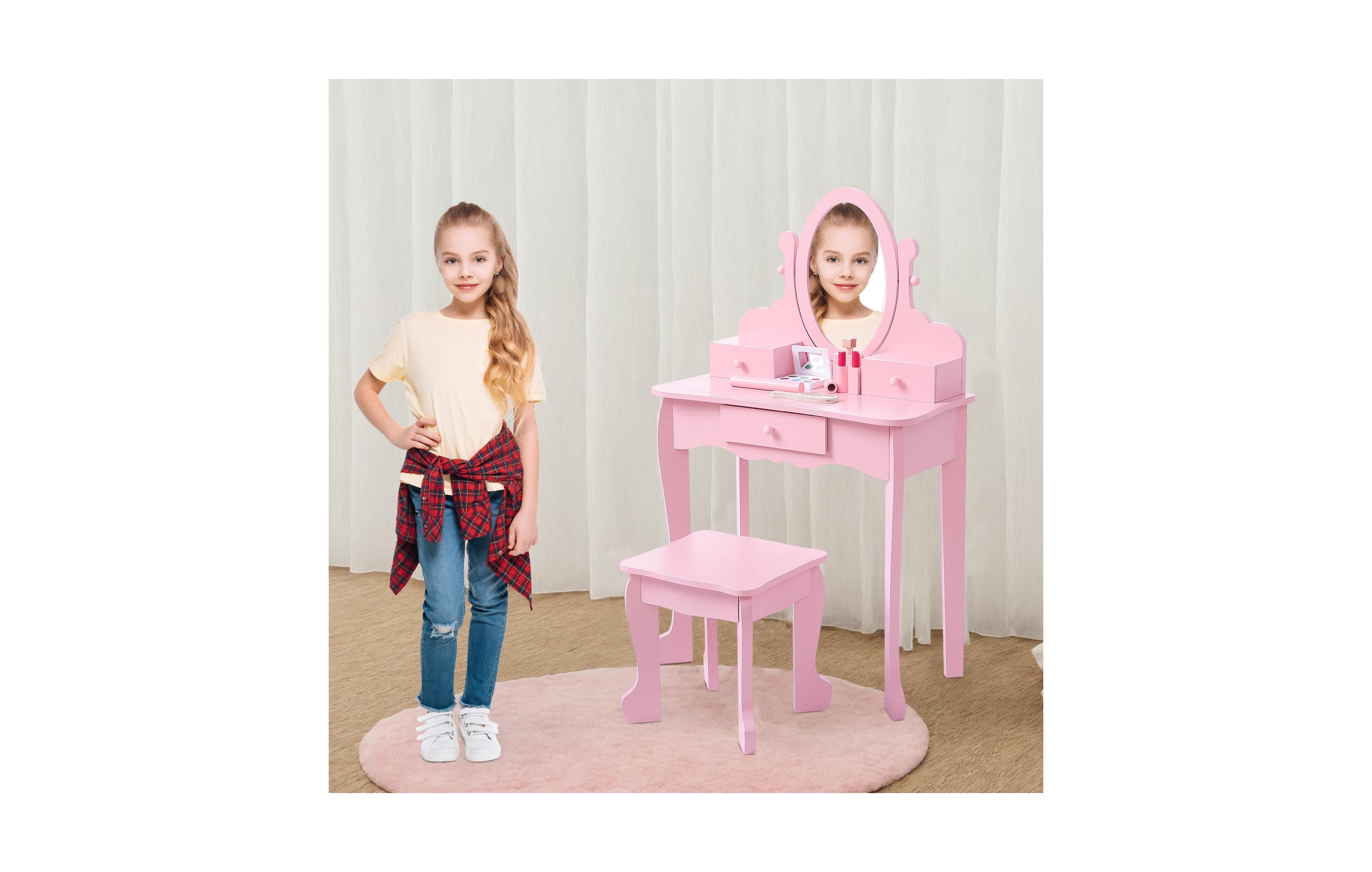 Kids' Vanity Set with Adjustable Mirror, Pretend Play Table and Stool Wood Makeup