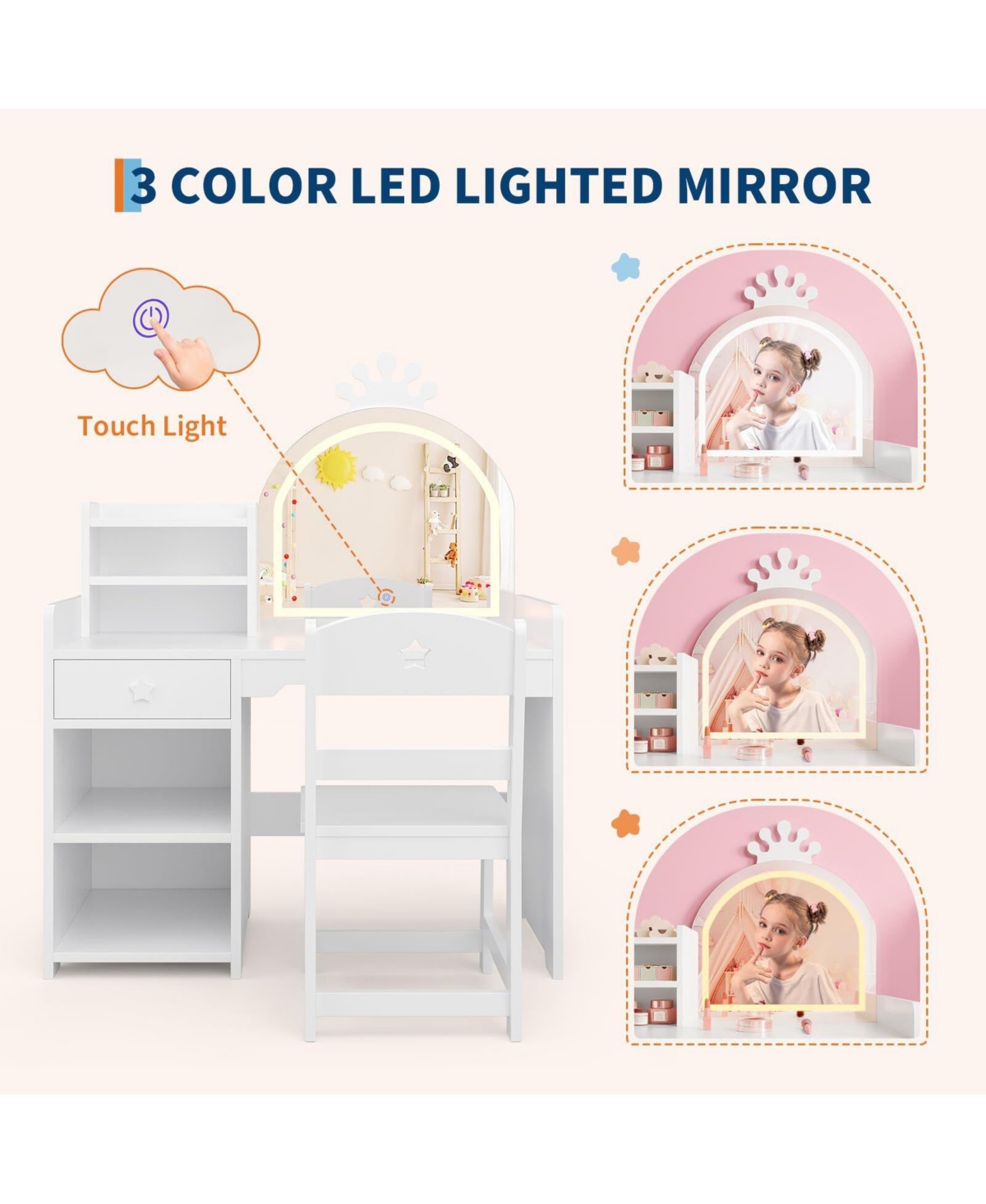 gaomon Kids Vanity Table and Chair Set with Mirror and Lights, White Makeup Vanity Desk with Drawer and Open Storage Shelves, Wooden Dressing Table